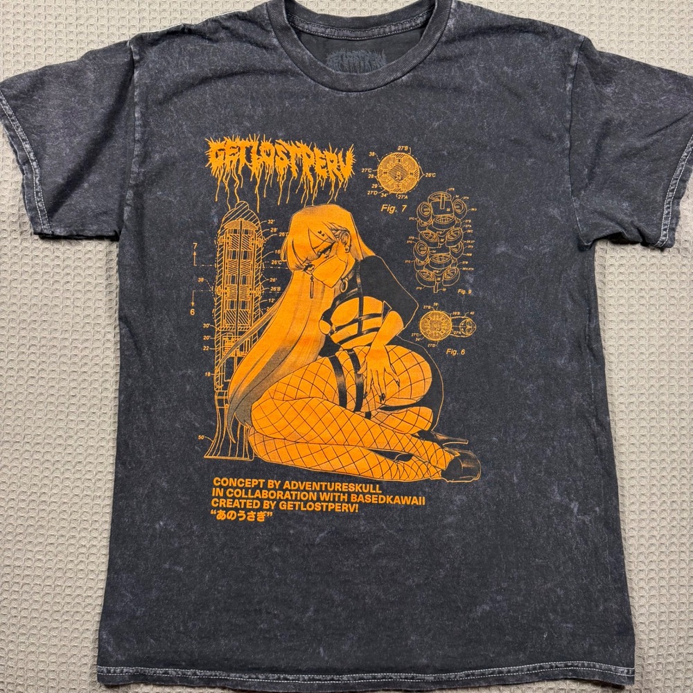 Getlostperv Adventureskull Basedkawaii Anime Graphic Tee Shirt Black Mens Small